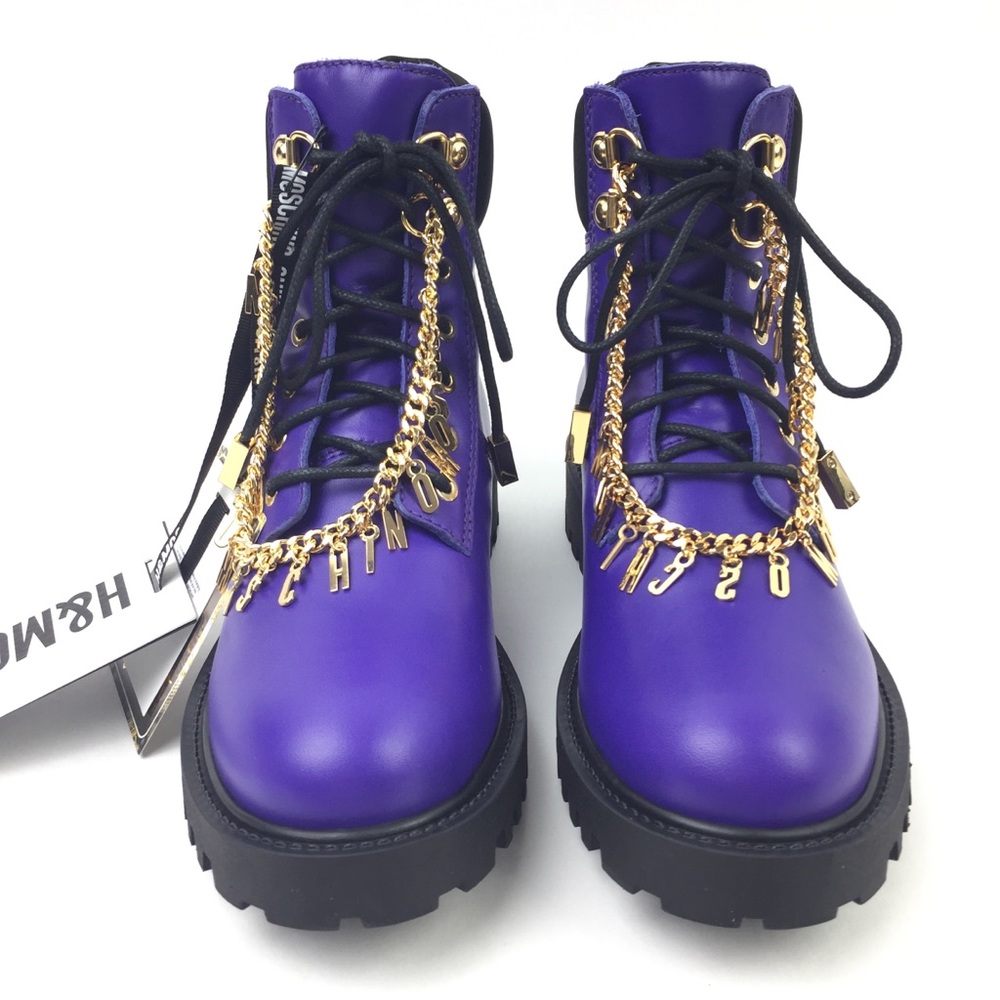 LAST CHANCE! Moschino x H&M purple & black leather combat boots - Picture 2 of 8
